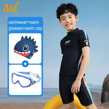 361 ° Профессиональная УФ-защита для мальчиков, быстросохнущая двойка, рубашка для плавания с коротким рукавом + плавки, Детские водонепроницаемые очки для защиты от сыпи
