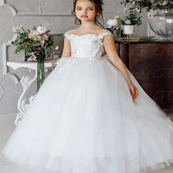 Белые платья с цветочным узором для девочек на свадьбу, тюлевые аппликации, бальное платье с открытой спиной, нарядные платья для малышей, платья для Дня рождения, платья для Первого причастия
