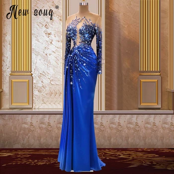 Королевское Синее Вечернее платье с прозрачным вырезом и длинным Рукавом, расшитое бисером и кристаллами, Атласные Вечерние платья для выпускного Вечера, Африканское платье Знаменитостей, Плюс Размер DFF120