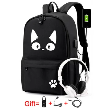 USB-рюкзак с принтом черного кота и цепочкой для наушников, школьные сумки для ноутбука