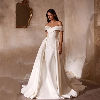 Элегантные Свадебные платья 2023 С открытыми плечами, Свадебные Платья для Женщин, Аппликации, Атласный Шлейф Со Складками, Vestidos De Novia