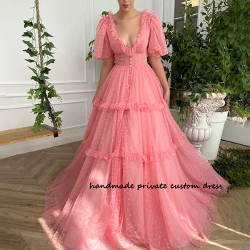 Платья для выпускного вечера из тюля Трапециевидной формы в розовый горошек, Сексуальное платье Принцессы с V-образным вырезом и коротким рукавом, праздничное платье Феи