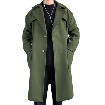 Мужские Длинные шерстяные пальто с капюшоном, негабаритная однотонная зимняя ветровка в корейском стиле, повседневная верхняя одежда