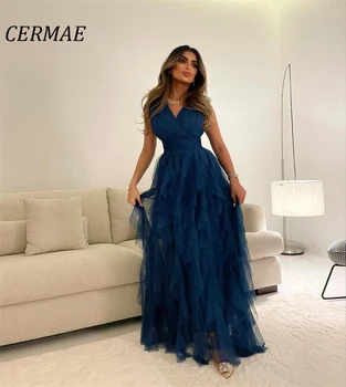 Длинное Бальное Платье CERMAE с V-образным вырезом, Шифоновое Вечернее Платье для Выпускного Вечера, Синие Вечерние Платья Трапециевидной Формы для Женщин 2023