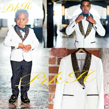 Костюм для мальчиков, 2 предмета, куртка с золотым воротником, брюки, Свадебный смокинг для детей, модный приталенный детский блейзер на заказ