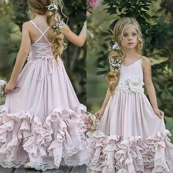 Розовые Платья 2020 года в стиле Бохо для девочек с цветочным узором, Кружевные платья с V-образным вырезом для малышей, Шифоновое Детское платье для выпускного вечера
