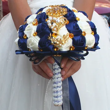 Роскошный букет из атласных роз Для невест темно-синего цвета с золотыми кристаллами и бриллиантами, искусственный букет невесты