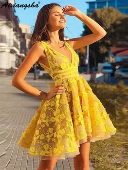 Уникальное желтое короткое платье для выпускного вечера с кружевными аппликациями и V-образным вырезом, платья для встречи выпускников, vestido de formatura