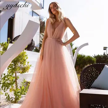 2023 Розовое Сексуальное Тюлевое платье для выпускного вечера с Глубоким V-образным вырезом, Трапециевидное вечернее платье с открытой спиной, Длина до пола, Vestidos De Gala