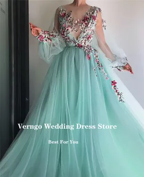 Verngo Fairy Light Мятно-зеленые тюлевые платья для Выпускного Вечера с Пышными Длинными рукавами и прозрачным вырезом, вечерние платья длиной до пола, vestidos de fiesta