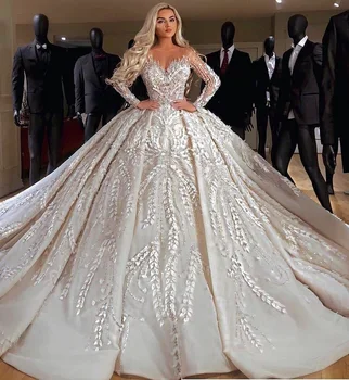 2022 Роскошное Бальное Платье, Свадебные Платья, 3D Цветочные Аппликации, Бусины, Vestido De Noiva, Шлейф, Арабские Свадебные Платья в Дубае