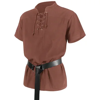 Мужская модная футболка с коротким рукавом, Средневековая рубашка для Косплея в стиле Ренессанса, Хиппи, Готическая пиратская туника, Топы, Мужской костюм воина 1