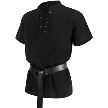 Мужская модная футболка с коротким рукавом, Средневековая рубашка для Косплея в стиле Ренессанса, Хиппи, Готическая пиратская туника, Топы, Мужской костюм воина 2