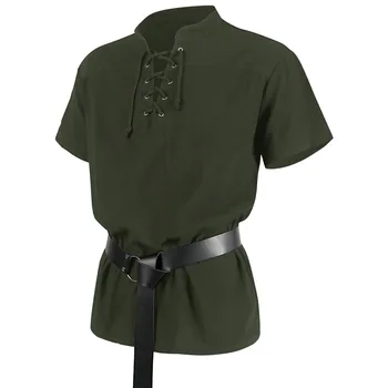 Мужская модная футболка с коротким рукавом, Средневековая рубашка для Косплея в стиле Ренессанса, Хиппи, Готическая пиратская туника, Топы, Мужской костюм воина 3